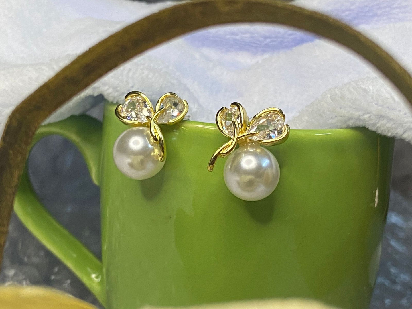 Gold Plated Pearl & Heart Leaf Stud Earrings for Women