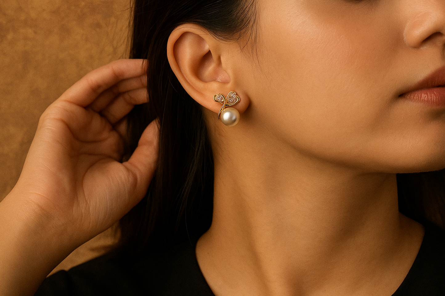 Gold Plated Pearl & Heart Leaf Stud Earrings for Women